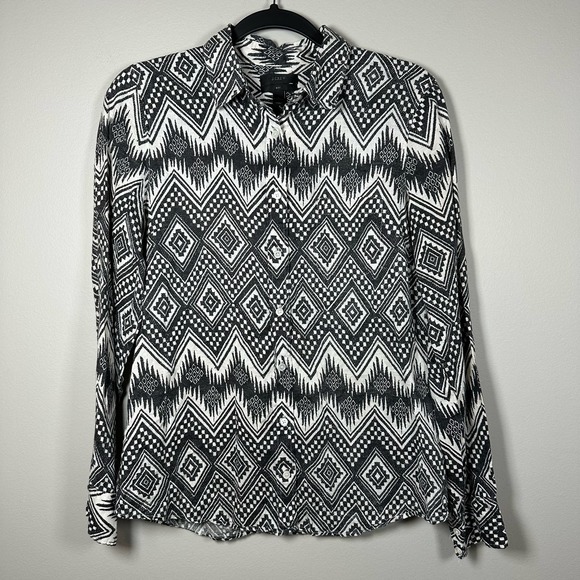 J.Crew Size 6 100% Linen Gray White Aztec Pattern Long Sleeve Button Up Shirt‎ - Picture 1 of 4